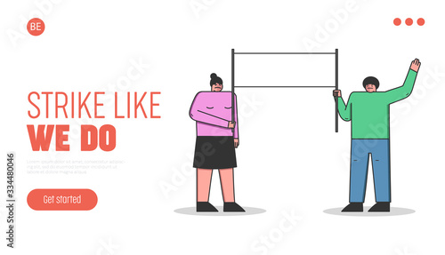 Mass Protest Action Concept. Website Landing Page. Characters Are Striking Holding Big Protest Banner. People Demonstrating Together. Web Page Cartoon Linear Outline Flat Style Vector Illustration