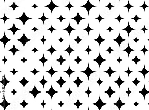 Seamless pattern. Random size stars. Modern stylish texture. Black and white background. Stars shining, sparkling, glowing, twinkling. Abstract texture with sparks. Design with sparks silhouette 
