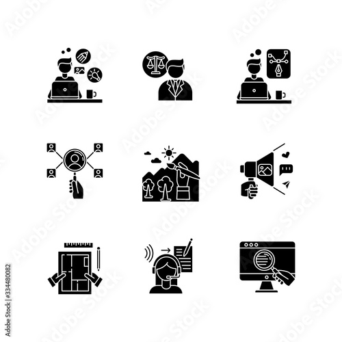 Remote jobs black glyph icons set on white space. Design, transcription and HR management, web research. Illustrator and social media coordinator. Silhouette symbols. Vector isolated illustration