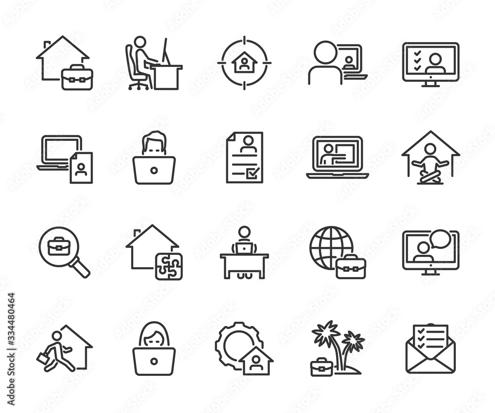 Vector set of remote work line icons. Contains icons working from home, interview online, freelance, search job, resume online, tasks online and more. Pixel perfect. Vector set of remote work line icons. Contains icons working from home, interview online, freelance, search job, resume online, tasks online and more. Pixel perfect.