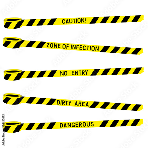 Black yellow police warning tape with the inscription. Dirty zone danger of infection. Yellow warning tape. Isolated. Risk sign. Attention sign symbol. Flat v