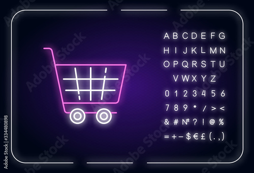 Shopping cart neon light icon. Supermarket trolley. Shop purchase. Convenience store basket. Outer glowing effect. Sign with alphabet, numbers and symbols. Vector isolated RGB color illustration