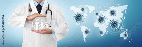 Canvastavla corona virus covid 19 protection concept, doctor hands protect family symbol wit