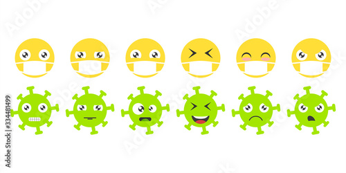 Emoji face set. Icons emoticons in medical masks and emoticons coronavirus. Isolated vector illustration