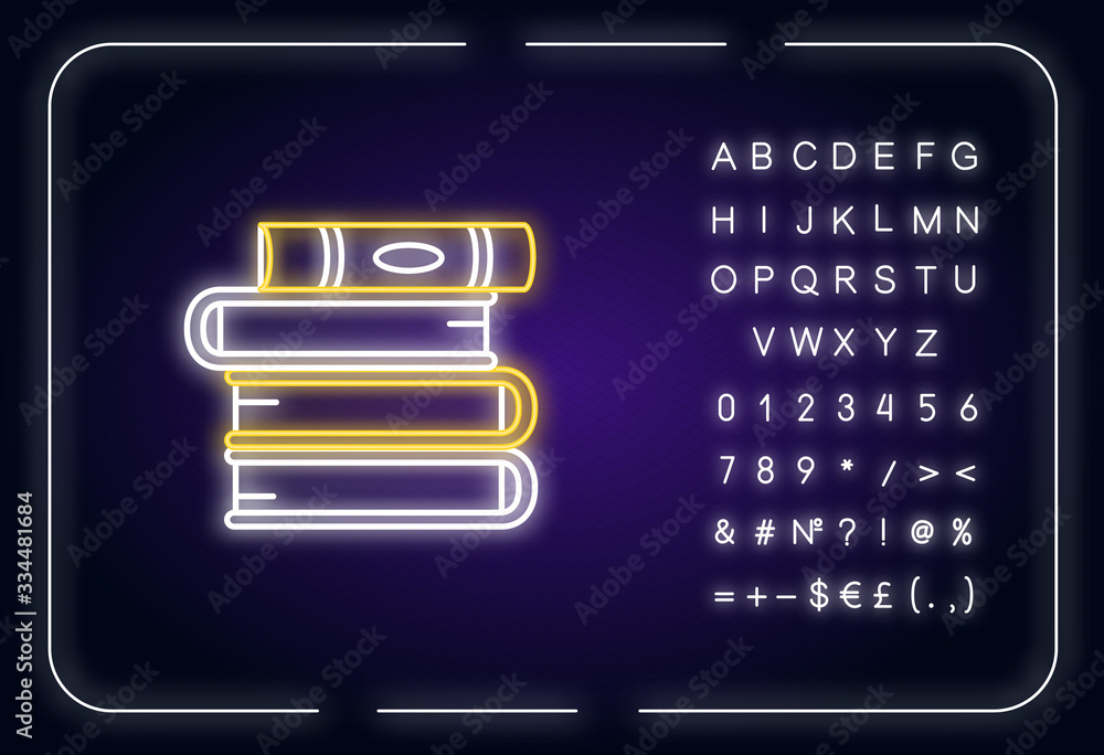 Book pile neon light icon. Stack of textbooks. School assignment. Self education and knowledge. Outer glowing effect. Sign with alphabet, numbers and symbols. Vector isolated RGB color illustration Book pile neon light icon. Stack of textbooks. School assignment. Self education and knowledge. Outer glowing effect. Sign with alphabet, numbers and symbols. Vector isolated RGB color illustration
