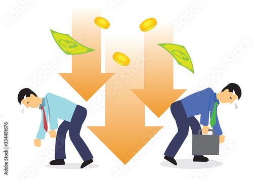 Crashing of dollar onto businessmen. Concept of recession or stock economy crash. Flat vector illustration.