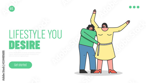 Concept Of Clothes Design. Website Landing Page. Woman Is Working In Handmade Fashion Atelier. Designer Make Measurements Of A Model. Web Page Cartoon Linear Outline Flat Style. Vector Illustration