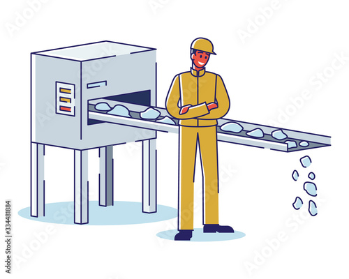 Metallurgical Industry Concept. Worker Controls The Quality And Process Iron Ore Supply By Conveyor. Manufacturing Metal Products. Factory Workshop. Cartoon Linear Outline Flat Vector Illustration