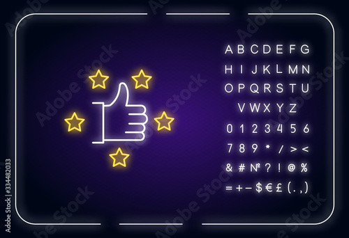 Recommendation neon light icon. Thumbs up. Five star. Review rate. Customer satisfaction level. Outer glowing effect. Sign with alphabet, numbers and symbols. Vector isolated RGB color illustration