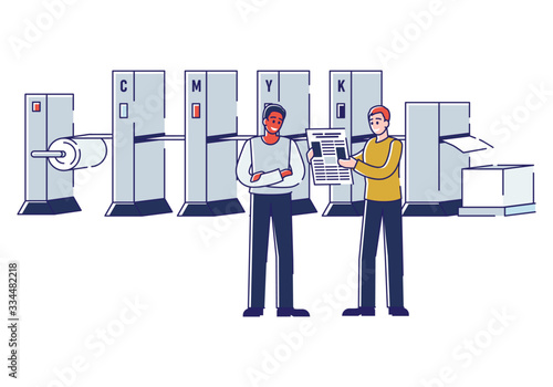 Press Media Industry, Newspaper Production Process in Typography. People Work In Printing House, Print With Machine And Checking Quality Of Newspapers. Cartoon Linear Outline Flat Vector Illustration