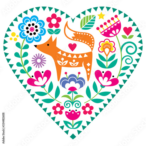 Scandinavian heart shape folk art vector pattern with flowers and fox, Valentine's Day floral greeting card or wedding invitation - love, relationship concept