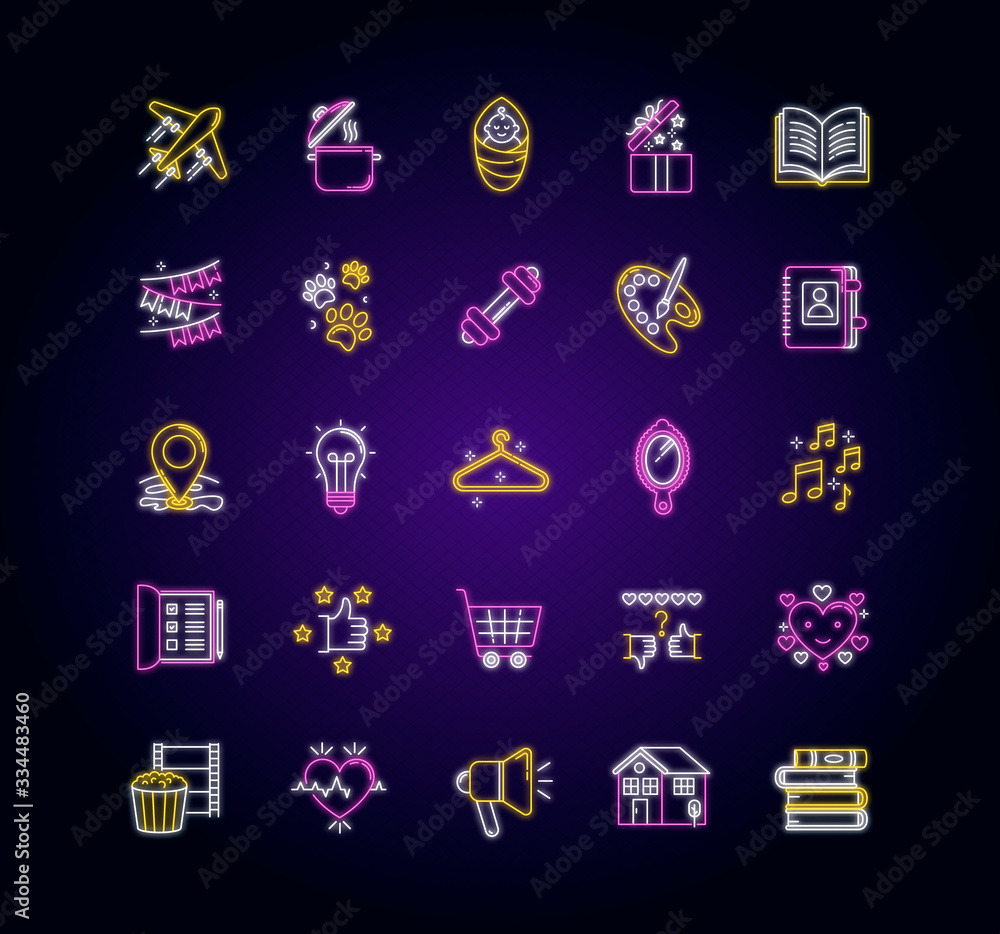 Healthy lifestyle neon light icons set. Travel and tourism. Cooking recipe. Open gift. Gym exercise. Creative hobby. Signs with outer glowing effect. Vector isolated RGB color illustrationss Healthy lifestyle neon light icons set. Travel and tourism. Cooking recipe. Open gift. Gym exercise. Creative hobby. Signs with outer glowing effect. Vector isolated RGB color illustrationss
