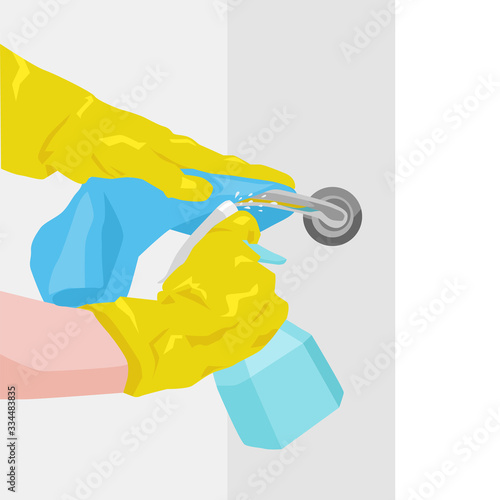 A hand in a rubber glove rubs the door handle. Disinfection at home during the epidemic, virus, illustration