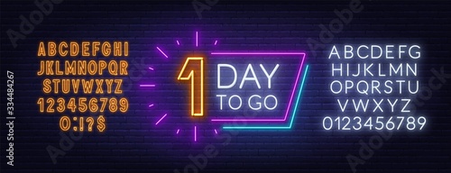 Number of days to go. Countdown template. Neon sign with alphabet on brick wall background.