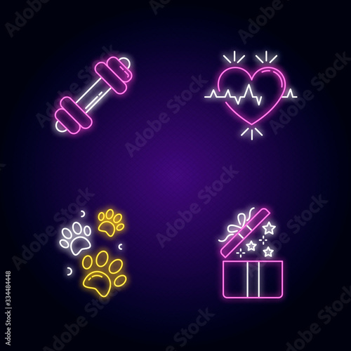 Lifestyle neon light icons set. Gym workout. Dumbbell for exercise. Heart rate. Cardio healthcare. Pet paw prints. Open gift. Signs with outer glowing effect. Vector isolated RGB color illustrationss