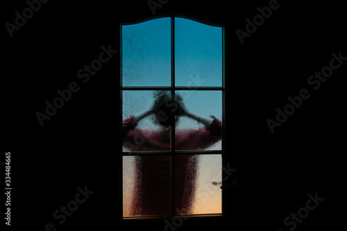 Photo Dark silhouette of girl alone in isolation on light background behind closed glass door