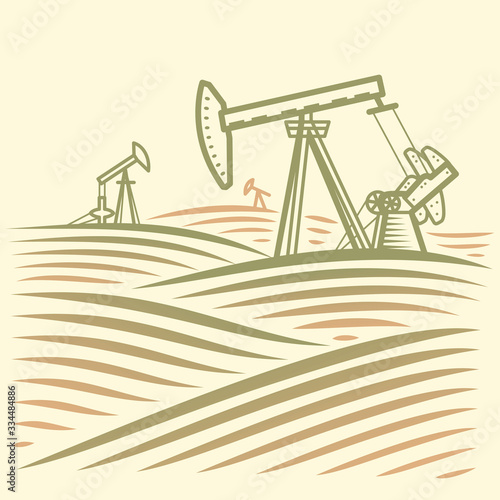Vector abstract landscape with oil pump. Black gold