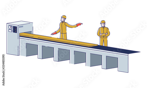 Metallurgical Industry Concept. Team of Metallurgists Control Metal Rolling Process On A Conveyor At Metallurgical Plant. Manufacturing Metal Products. Cartoon Linear Outline Flat Vector Illustration