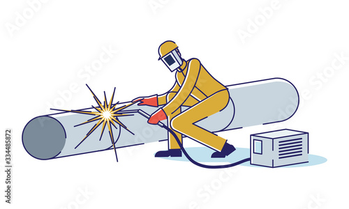 Metallurgical Industry Concept. Man Welds Pipe By ARC Welder. Professional Character In Uniform At Metallurgical Plant. Manufacturing Metal Products. Cartoon Linear Outline Flat Vector Illustration