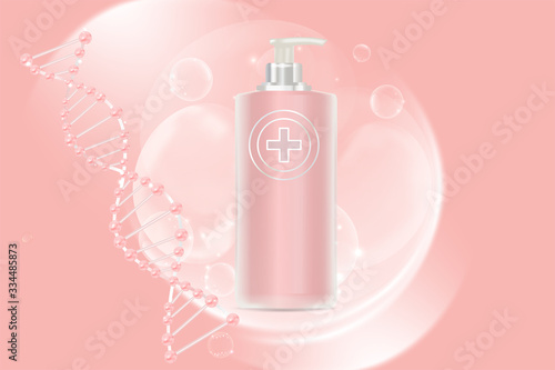 Beauty product ad design, pink cosmetic container with collagen solution advertising background ready to use, luxury skin care banner, illustration vector.