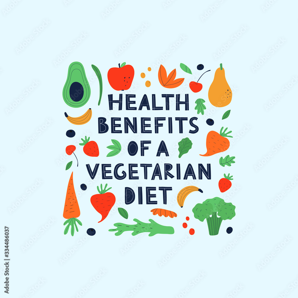 Vegetarian and raw food diet concept. Lettering Health benefits of a vegetarian diet with fruits and vegetables clipart. Flat vector illustration. Web design for banner, poster and card Vegetarian and raw food diet concept. Lettering Health benefits of a vegetarian diet with fruits and vegetables clipart. Flat vector illustration. Web design for banner, poster and card