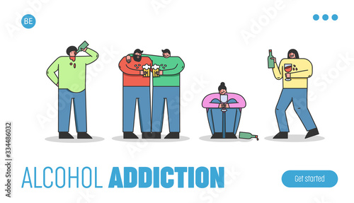 Concept Of Alcoholism, Drink Alcohol. Website Landing Page. Group Of Drunk People Drinking Beer, Wine, Communicating And Having Fun Together. Web Page Cartoon Linear Outline Flat Vector Illustration