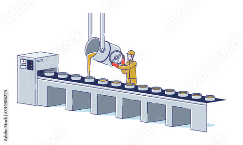 Metallurgical Industry Concept. Worker Controls Metal Melting And Pouring Process On Conveyor At The Metallurgical Plant. Manufacturing Metal Products. Cartoon Linear Outline Flat Vector Illustration