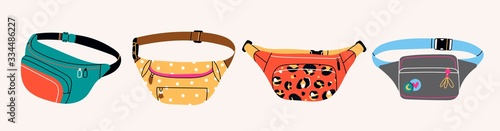 Set of Various Waist bags. Colorful banana shaped belt bags. Hand drawn trendy Vector illustration. Fancy retro fashion accessory. All elements are isloated