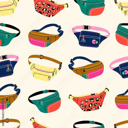Various Waist bags. Colorful banana shaped belt bag. Hand drawn trendy Vector illustration. Fancy retro fashion accessory. Seamless pattern. Background texture. Wallpaper