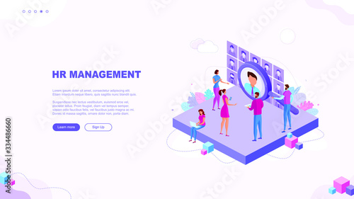 Trendy flat illustration. HR management page concept. Businessmen are looking for an employee. Open vacancy. Discussion of the applicant. Interview. Human resources.Template for your design works.