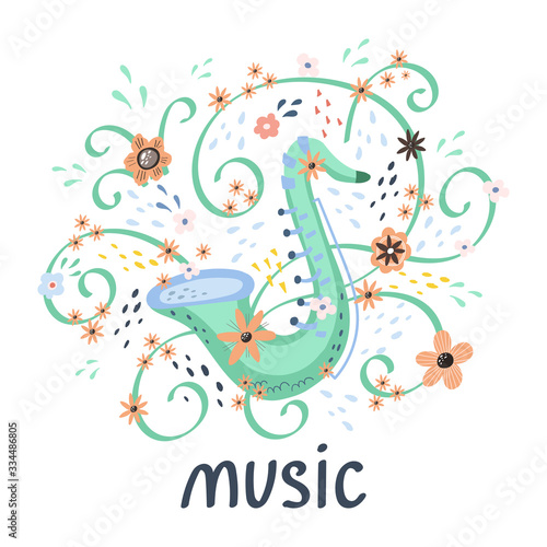 Illustration with Creative saxophone and hand lettering. Great element for music festival or t-shirt. Vector concept