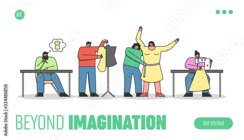 Characters Work In Fashion Atelier. Website Landing Page. Designers Make A Design Of Clothes, Measure Sizes, Sew Order On The Sewing Machine. Web Page Cartoon Linear Outline Flat Vector Illustration