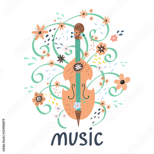 Illustration with Creative contrabass and hand lettering. Great element for music festival or t-shirt. Vector concept