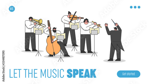 Website Landing Page. Musicians Play Musical Instruments. Group Of Musical Artists Play Instrumental Symphony In Orchestra Led By Conductor. Web Page Cartoon Linear Outline Flat Vector Illustration