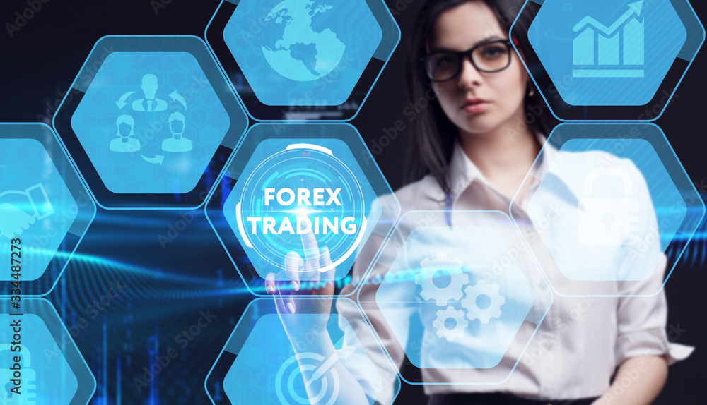 Business, Technology, Internet and network concept. Young businessman working on a virtual screen of the future and sees the inscription: Forex trading Business, Technology, Internet and network concept. Young businessman working on a virtual screen of the future and sees the inscription: Forex trading