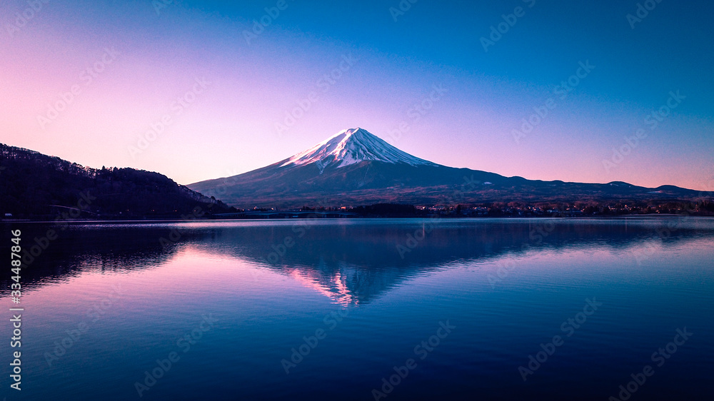 Sunrise View to the Fuji Mount in the Clear Pink and Violet Sky, Japan