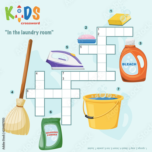 Easy crossword puzzle 'In the laundry room', for children in elementary and middle school. Fun way to practice language comprehension and expand vocabulary. Includes answers.