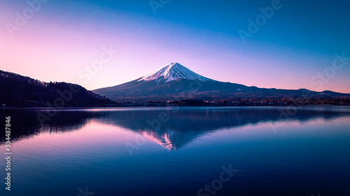 Sunrise View to the Fuji Mount in the Clear Pink and Violet Sky  Japan
