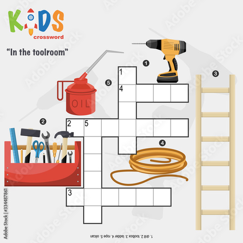 Easy crossword puzzle 'At the toolroom', for children in elementary and middle school. Fun way to practice language comprehension and expand vocabulary. Includes answers.