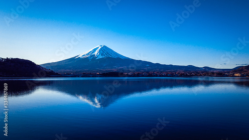 Sunrise View to the Fuji Mount in the Clear Blue Sky  Japan