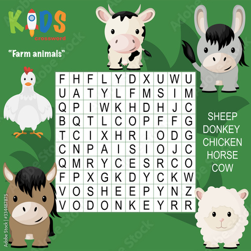 Easy word search crossword puzzle 'Farm animals', for children in elementary and middle school. Fun way to practice language comprehension and expand vocabulary. Includes answers.