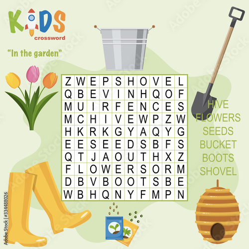 Easy word search crossword puzzle 'In the garden', for children in elementary and middle school. Fun way to practice language comprehension and expand vocabulary. Includes answers.