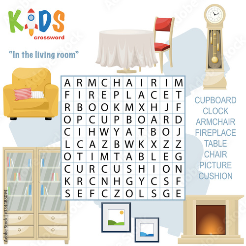 Easy word search crossword puzzle 'In the living room', for children in elementary and middle school. Fun way to practice language comprehension and expand vocabulary. Includes answers.
