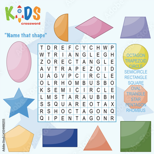 Easy word search crossword puzzle 'Name that shape', for children in elementary and middle school. Fun way to practice language comprehension and expand vocabulary. Includes answers.