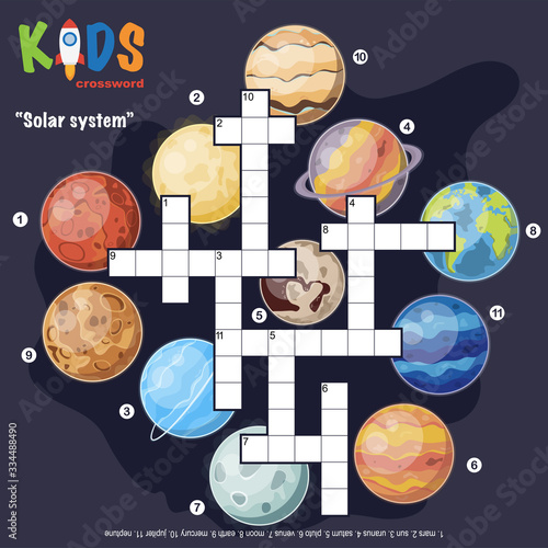 Easy crossword puzzle 'Solar system', for children in elementary and middle school. Fun way to practice language comprehension and expand vocabulary. Includes answers.
