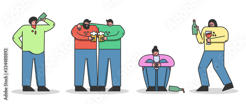 Concept Of Alcoholism, Drink Alcohol. Group Of People Is Drinking Beer, Wine, Communicating And Having Fun Together. Alcohol Addiction Of Population. Cartoon Linear Outline Flat Vector Illustration