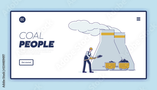 Coal Mining Concept. Website Landing Page. Miner Mine And Load Coal Into Trolley By Means Shovel For Further Delivery To Thermal Power Plant. Web Page Cartoon Linear Outline Flat Vector Illustration © Iryna Petrenko