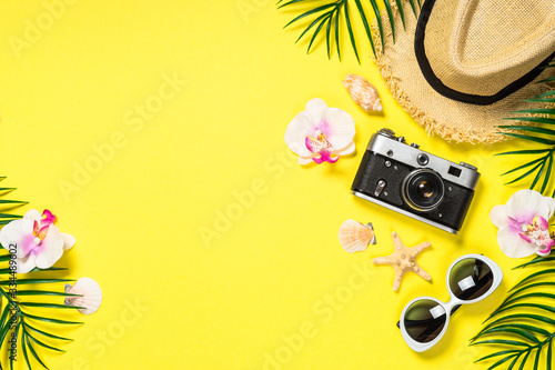 Summer travel concept flat lay image.