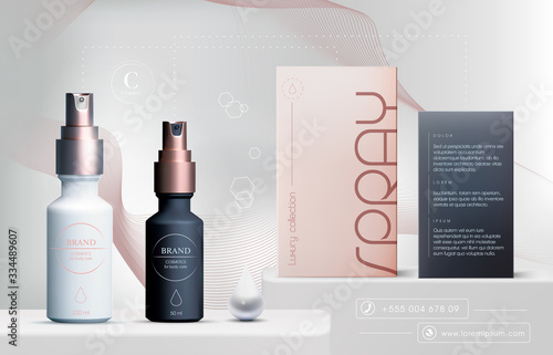 Vector 3D elegant cosmetic products background premium oil spray for skin care products. Luxury facial cream. Cosmetic ads flyer or banner design. Blue cosmetic cream template. Makeup products brand.