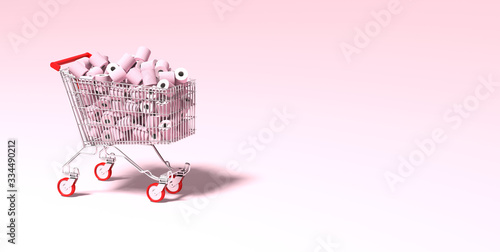 shopping cart full of toilet paper during crisis COVID-19 3D rendering
